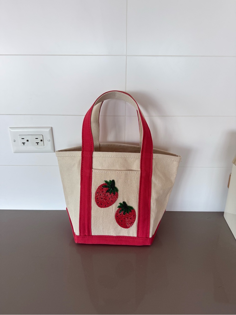 Anthropologie Cream Canvas Tote with Red Trim and Strawberry Appliqués